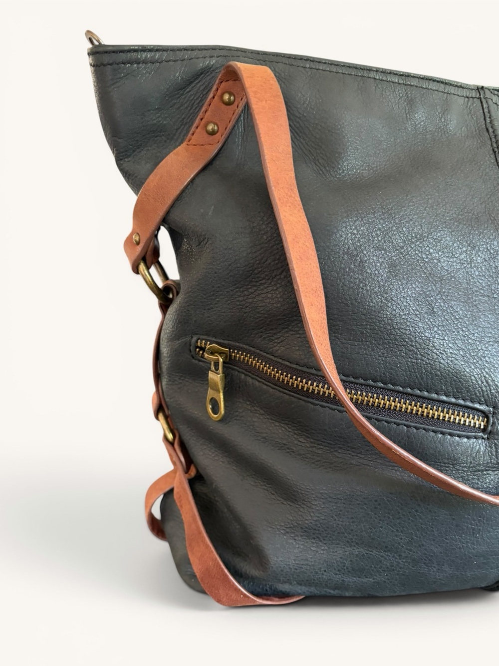Lucky Brand Black Leather Tote with Brown Straps - Picture 8 of 16